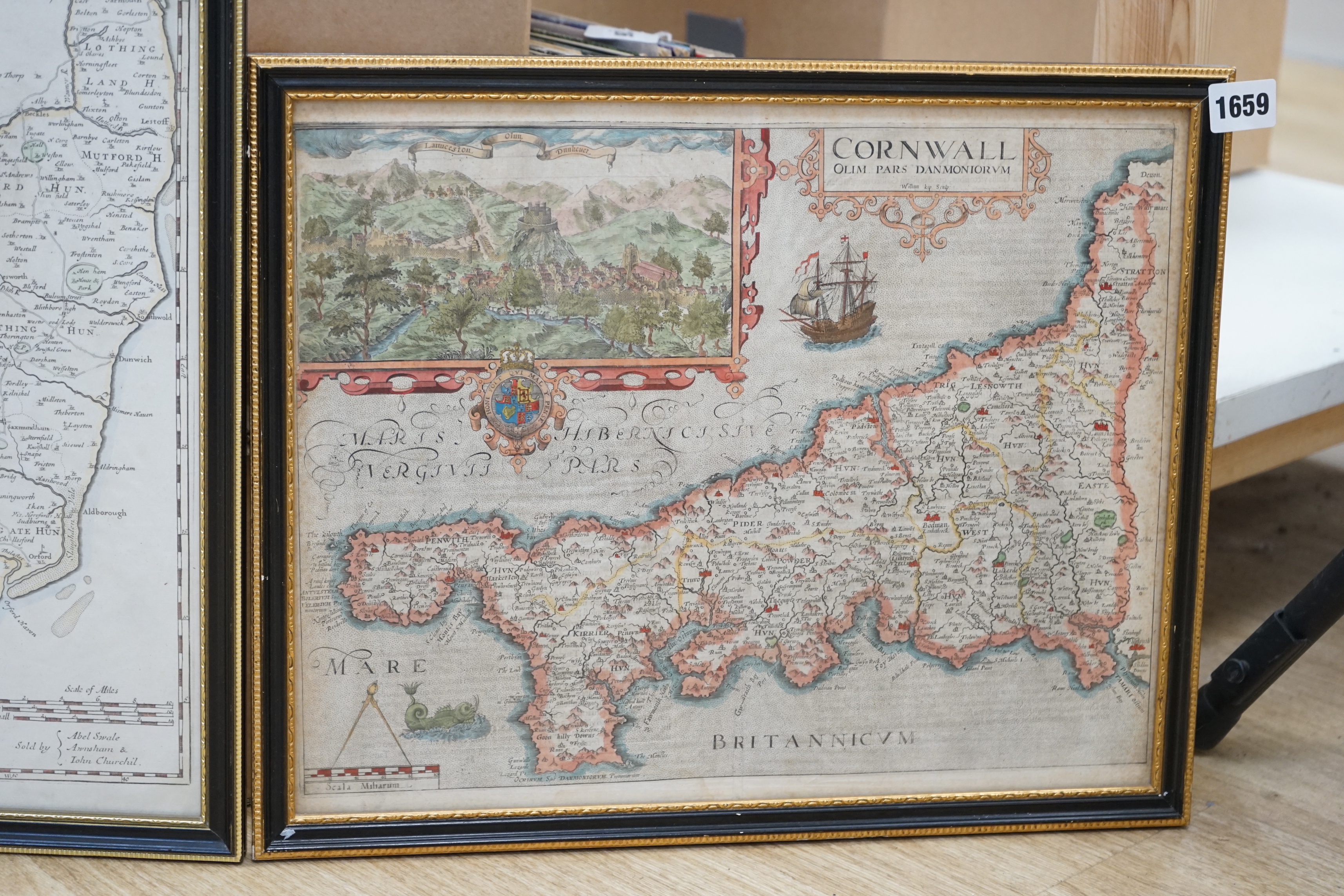 William Kip, after Christopher Saxton (c.1540-c.1610), hand coloured Map of Cornwall, text verso, together with a Map of Suffolk by Robert Morden (1650-1703) largest 37.5 x 43cm